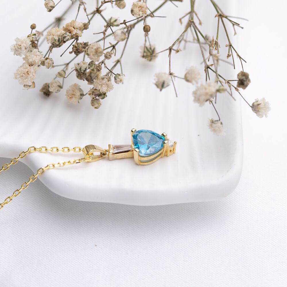 Aquamarine Zircon Stone Heart Design Silver Charm Necklace