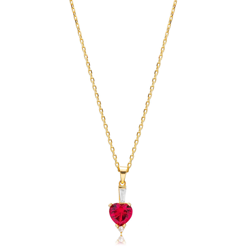 Ruby Zircon Stone Heart Design Silver Charm Necklace Pendant