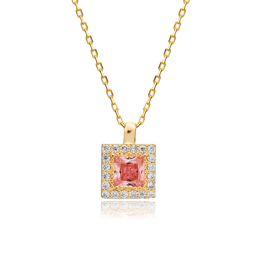 Pink CZ Square Charm Handmade Wholesale 925 Silver Necklace