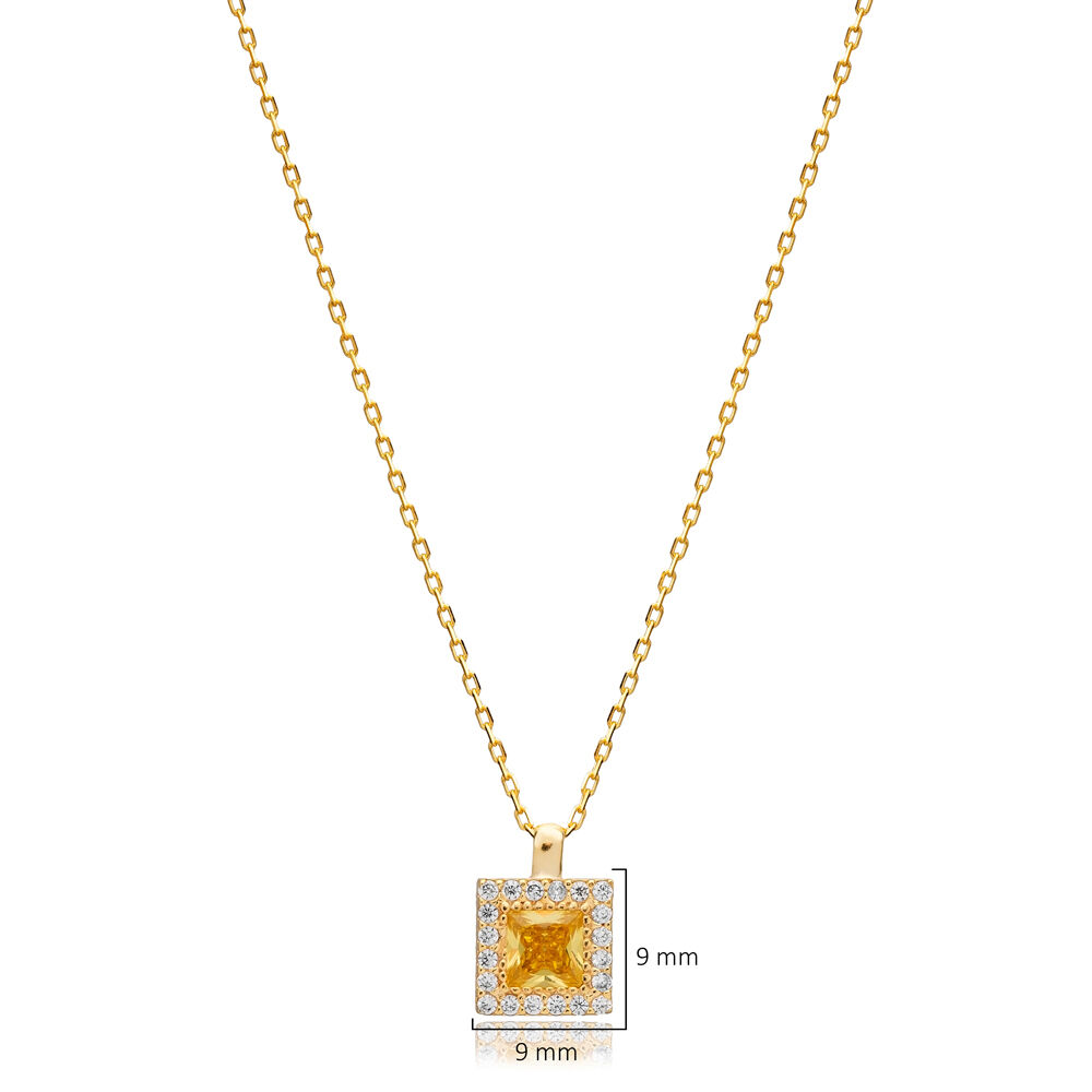 Orange Citrine CZ Square Charm Wholesale 925 Silver Necklace