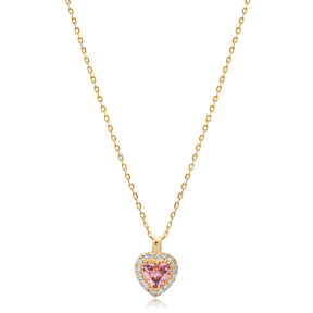Pink CZ Heart Pendant Turkish Wholesale 925 Silver Necklace