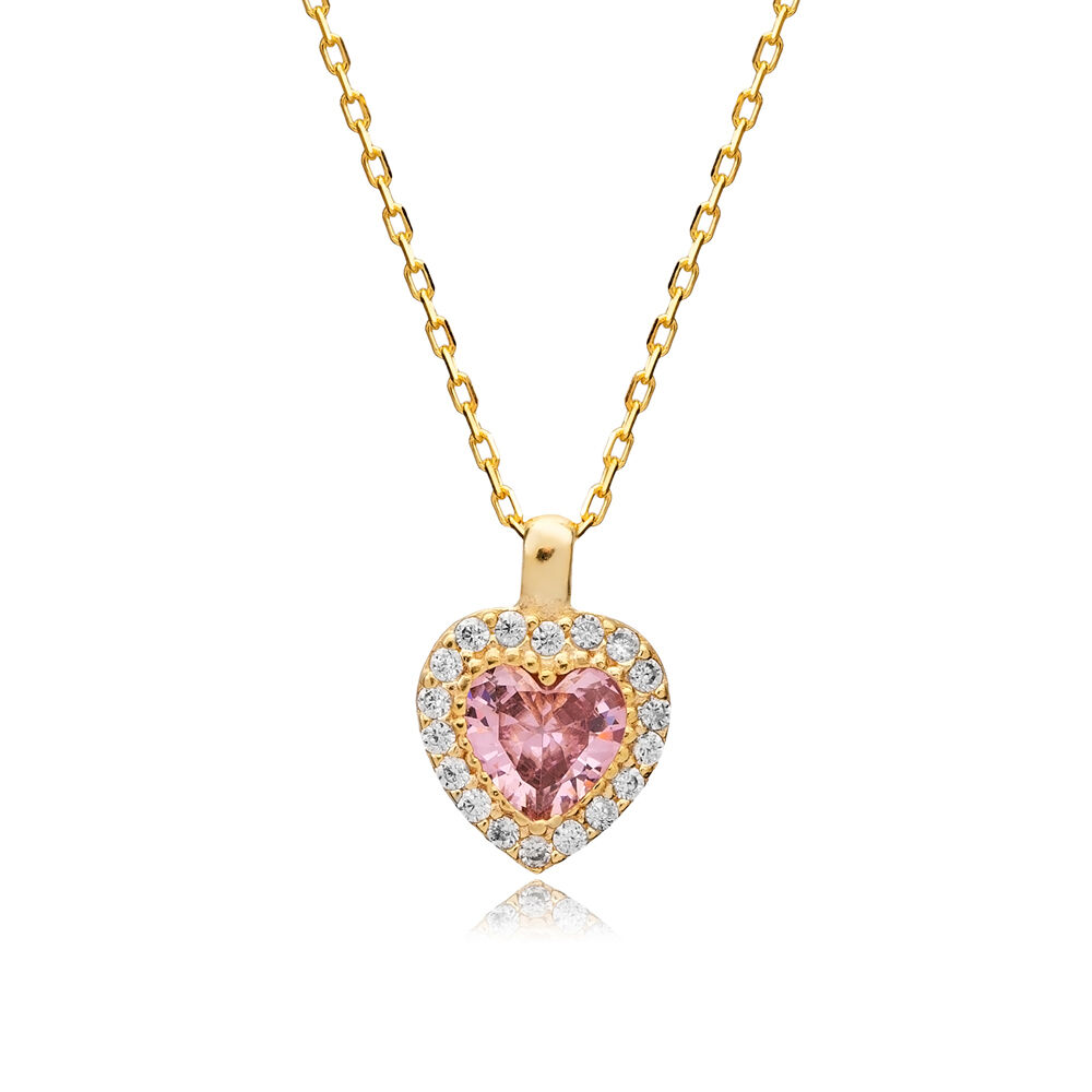 Pink CZ Heart Pendant Turkish Wholesale 925 Silver Necklace