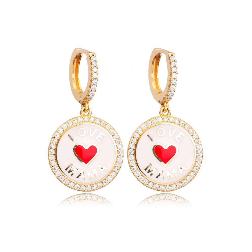 White Enamel Love Mama Heart Design Silver Dangle Earrings