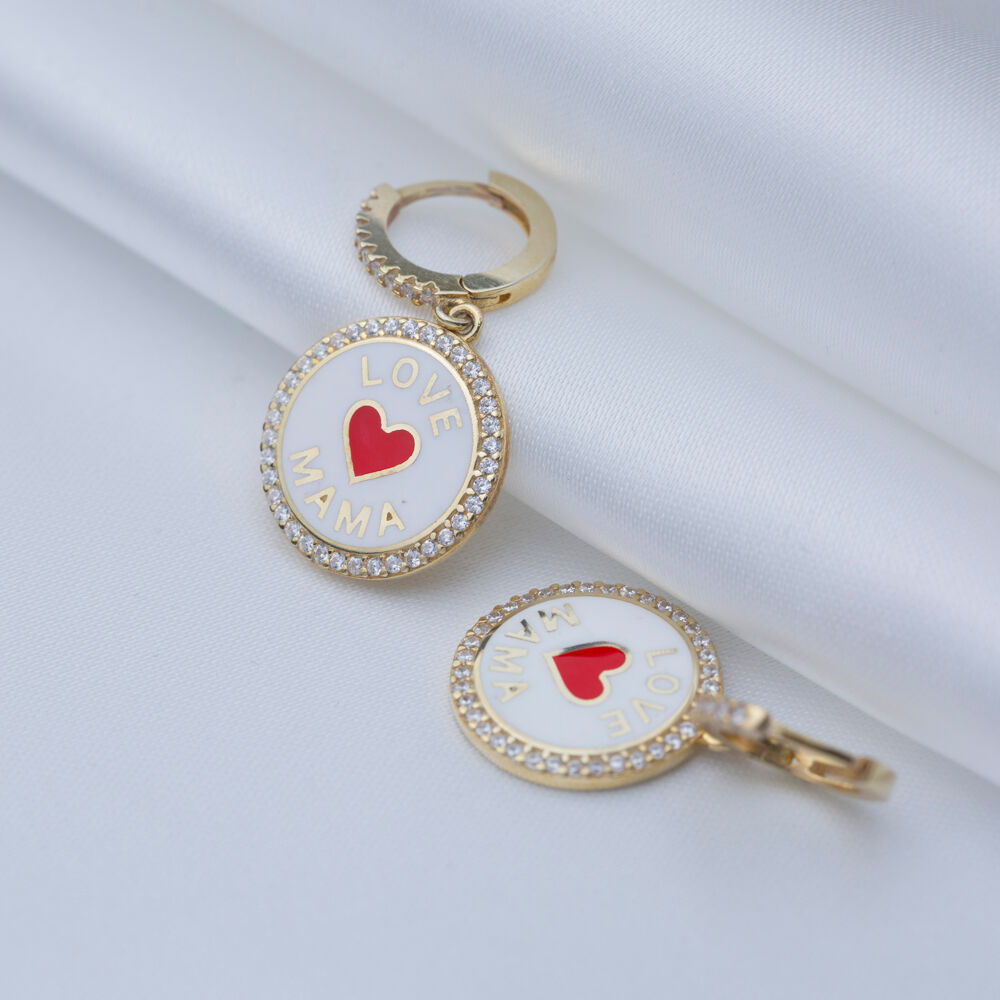 White Enamel Love Mama Heart Design Silver Dangle Earrings
