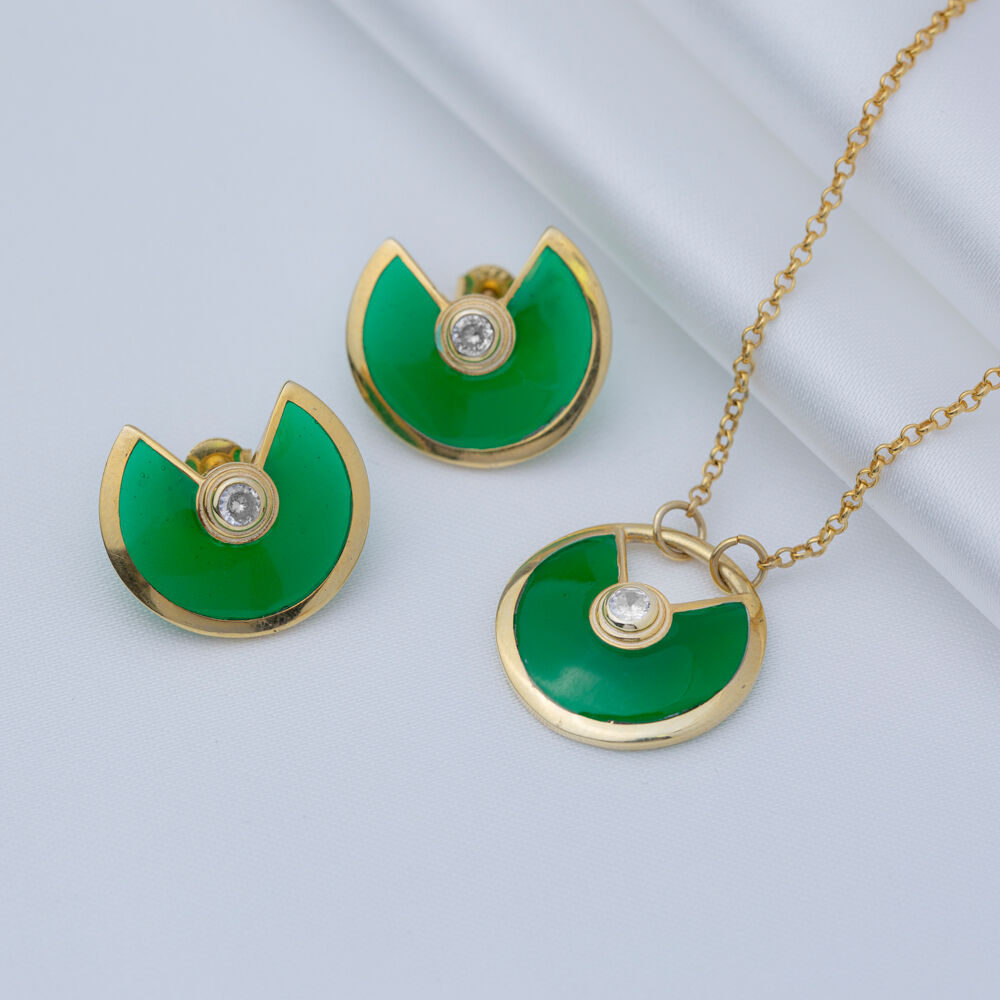 Green Enamel Unique Round Shape Silver Charm Necklace