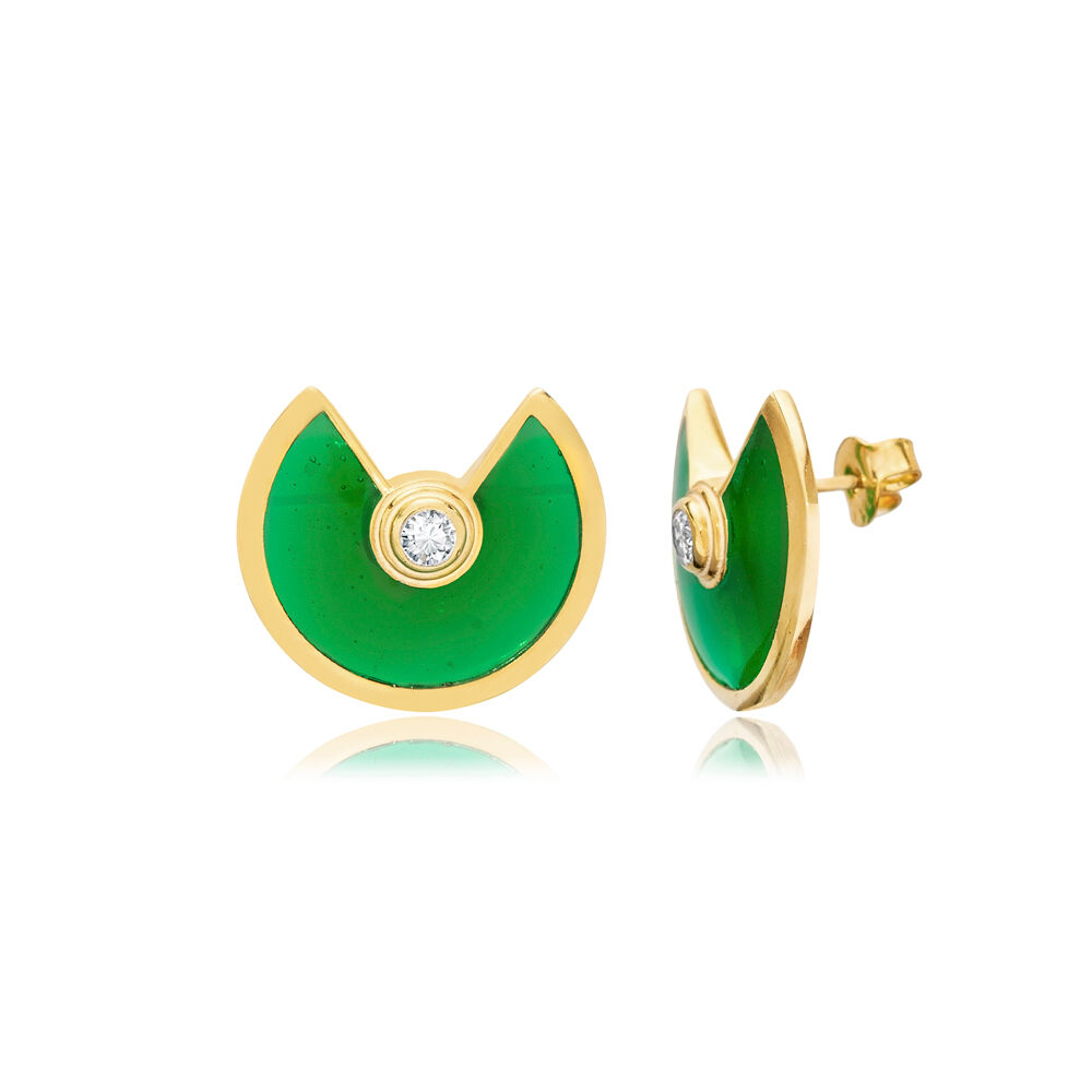 Green Enamel Unique Round Shape Silver Stud Earrings