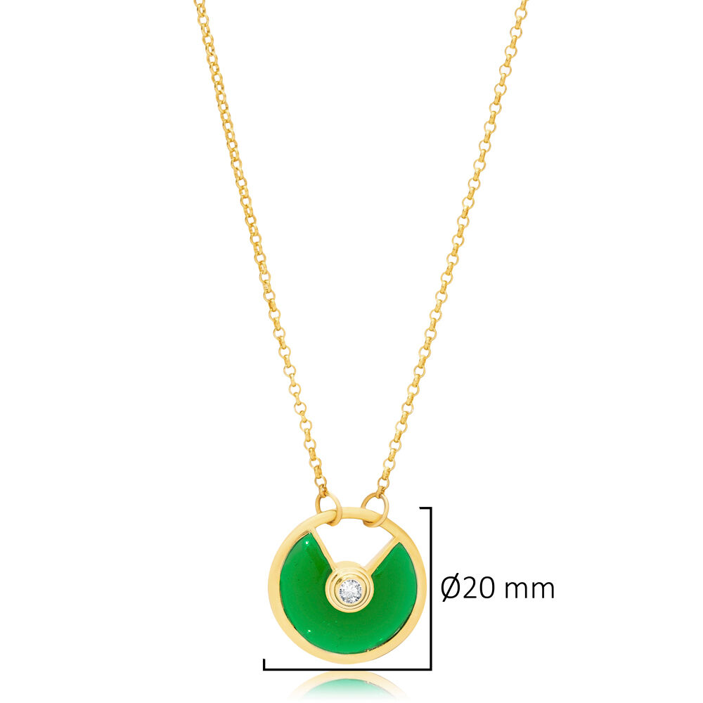 Green Enamel Unique Round Shape Silver Charm Necklace