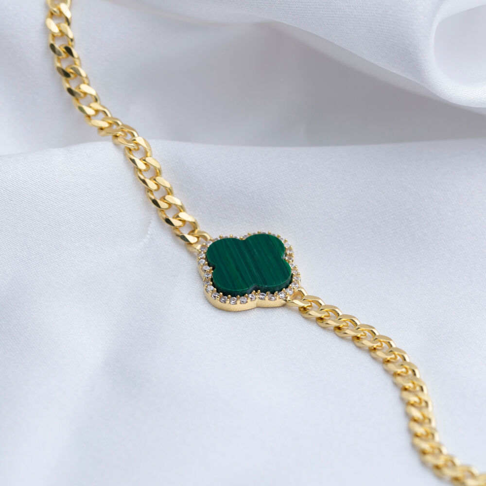 Green Malachite Four Leaf Clover Design Charm Bracelet 925 Sterling Silver Jewelry
