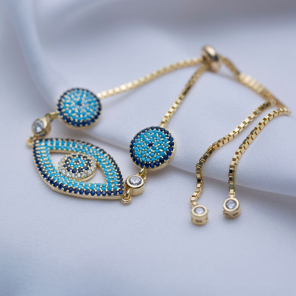 Turquoise CZ Evil Eye Adjustable Bracelet Turkish Silver Jewelry