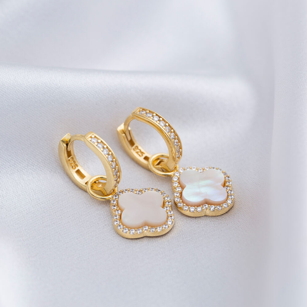 Clover Mother of Pearl Design Zircon Stone Dangle Earrings 925 Sterling Silver Jewelry