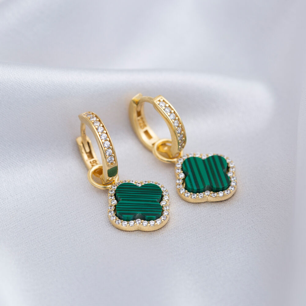 Green Malachite Clover Zircon Stone Dangle Earrings 925 Sterling Silver Jewelry