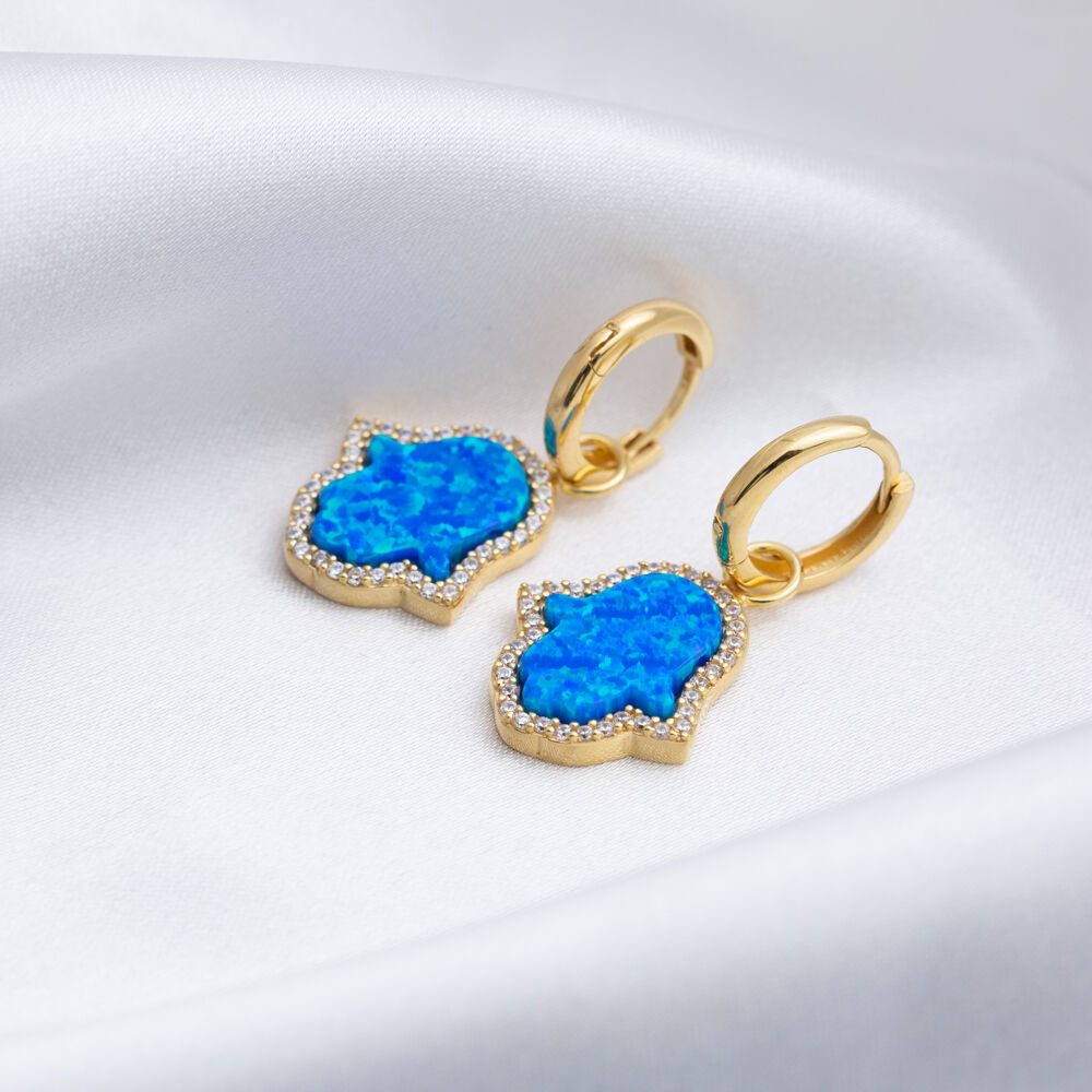 Blue Opal Hamsa Design Hoop Dagnle Earring Handmade Turkish Sterling Silver Jewelry