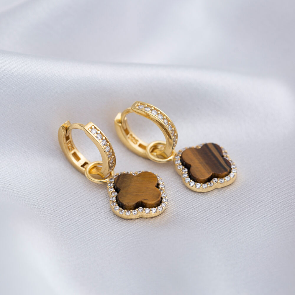 Tiger Eye Clover Zircon Stone Dangle Earrings 925 Sterling Silver Jewelry