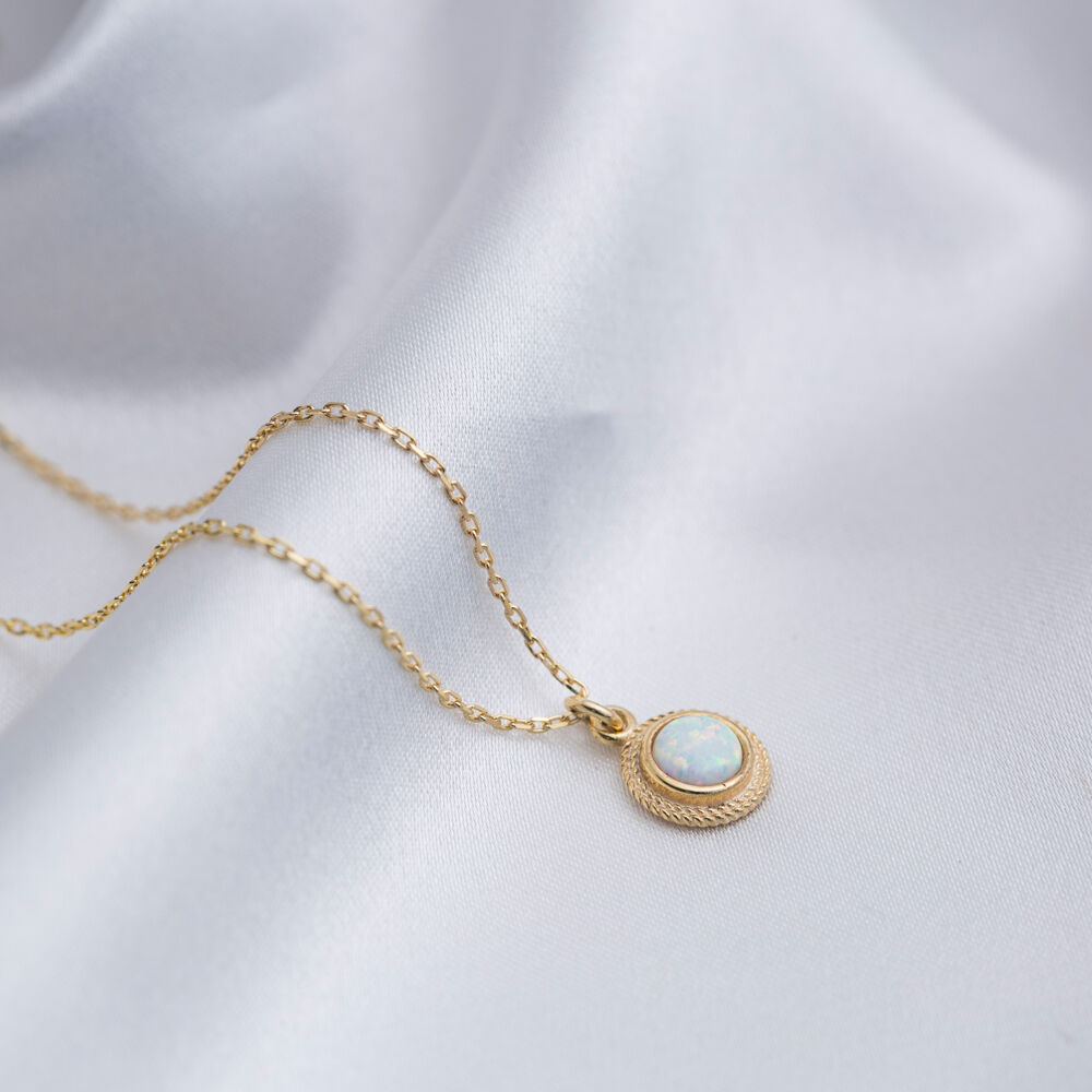 White Opal Round Tiny Charm Necklace Pendant