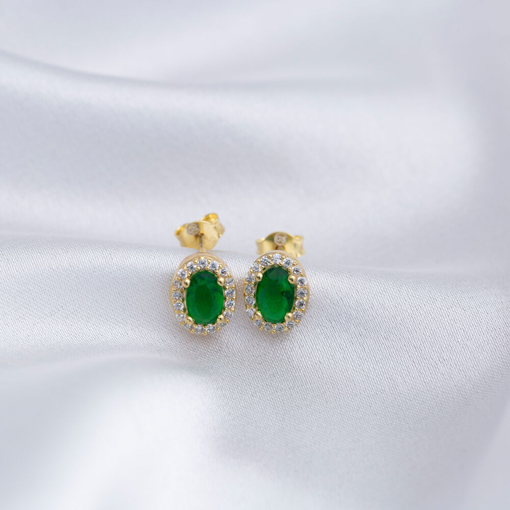 Oval Emerald CZ Stone Silver Jewelry Stud Earrings