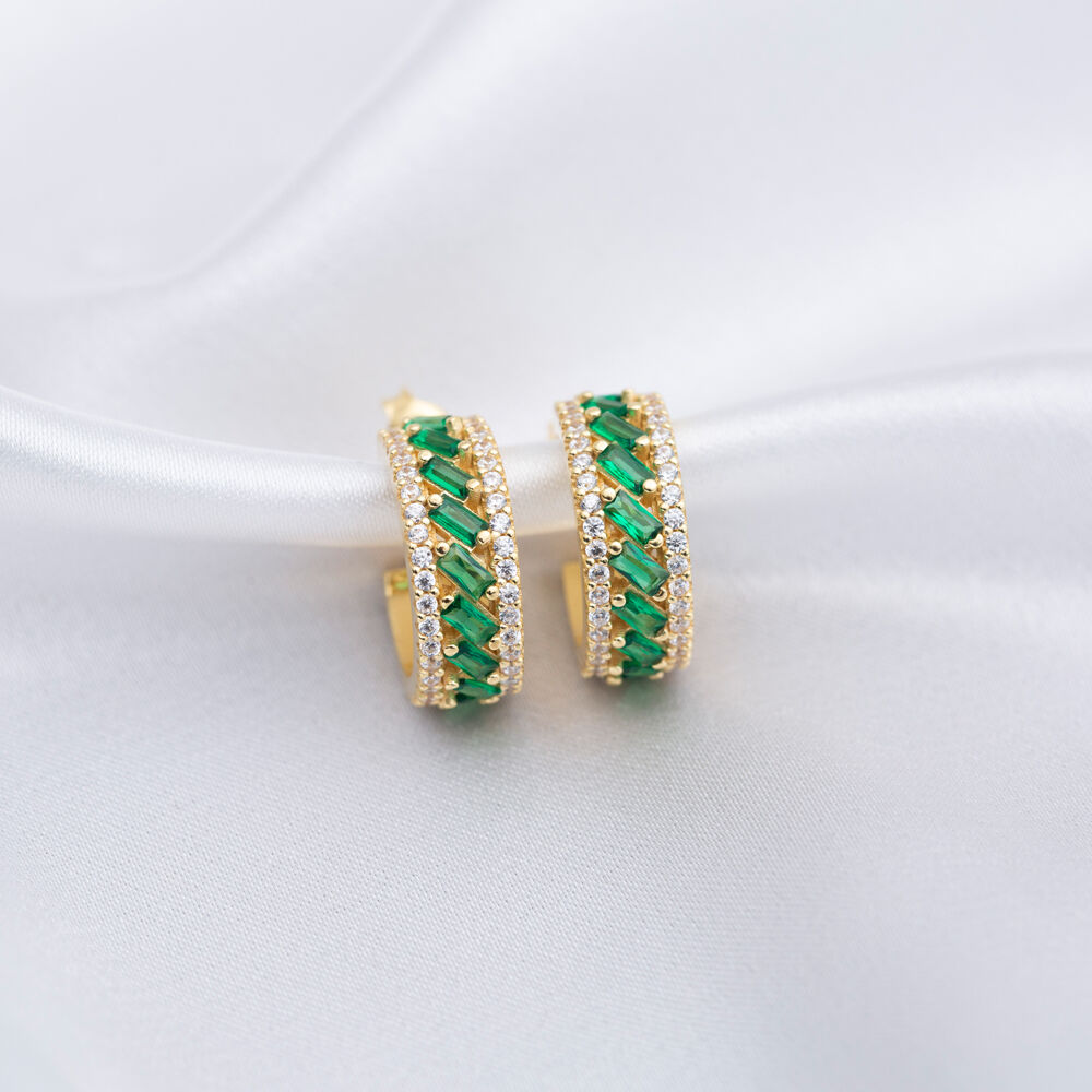 Baguuette Emerald CZ Stone Silver Hoop Earrings