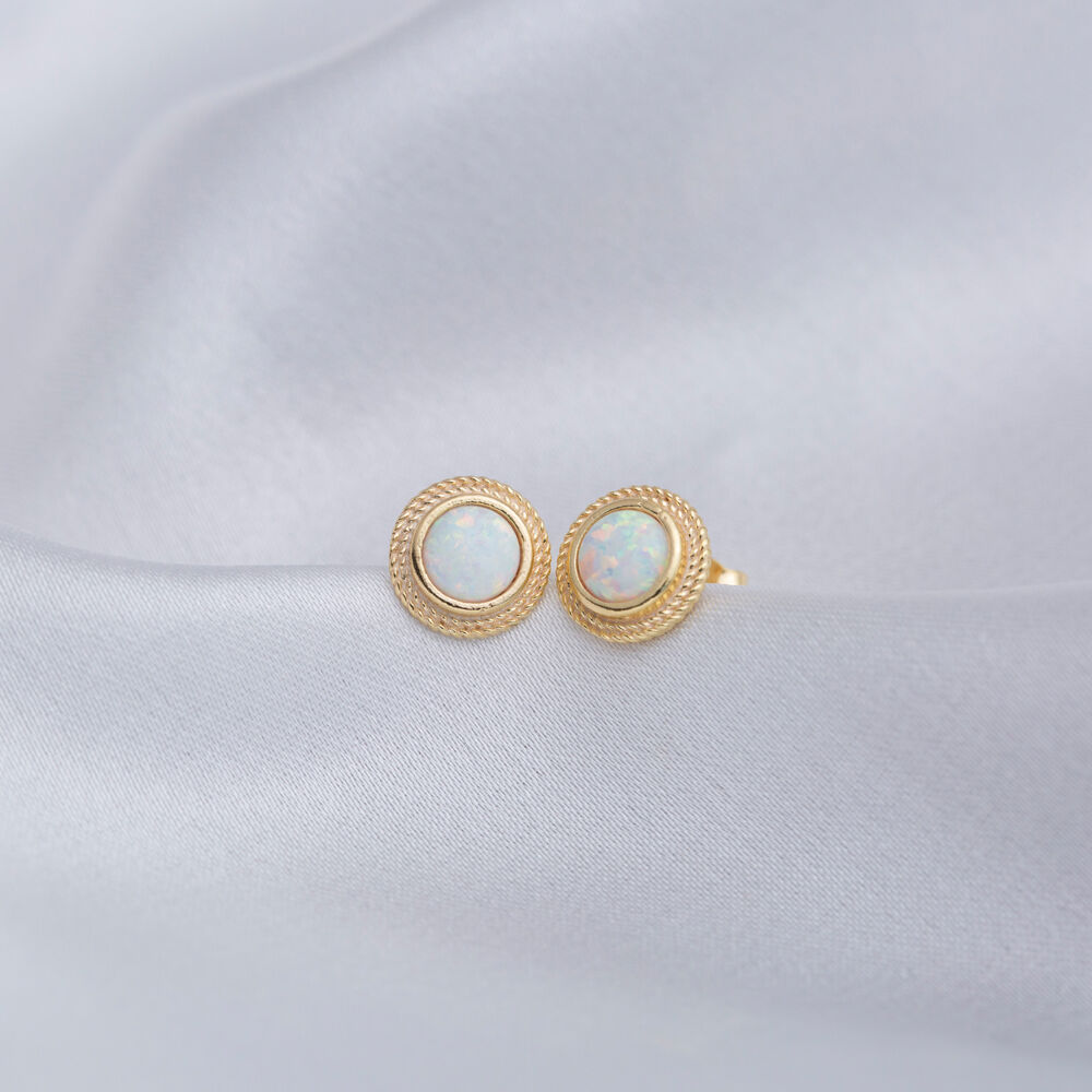 Tiny Round White Opal Silver Stud Earrings