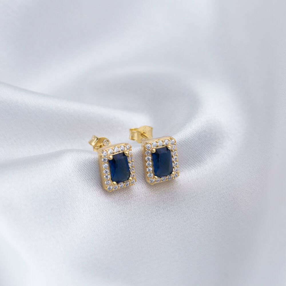 Rectangle Sapphire CZ Stone Silver Jewelry Stud Earrings