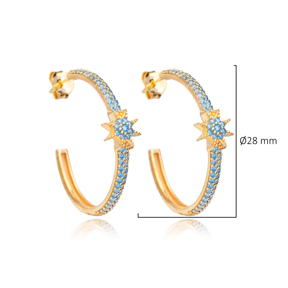 Aquamarine CZ Star Design Wholesale Silver Hoop Earrings