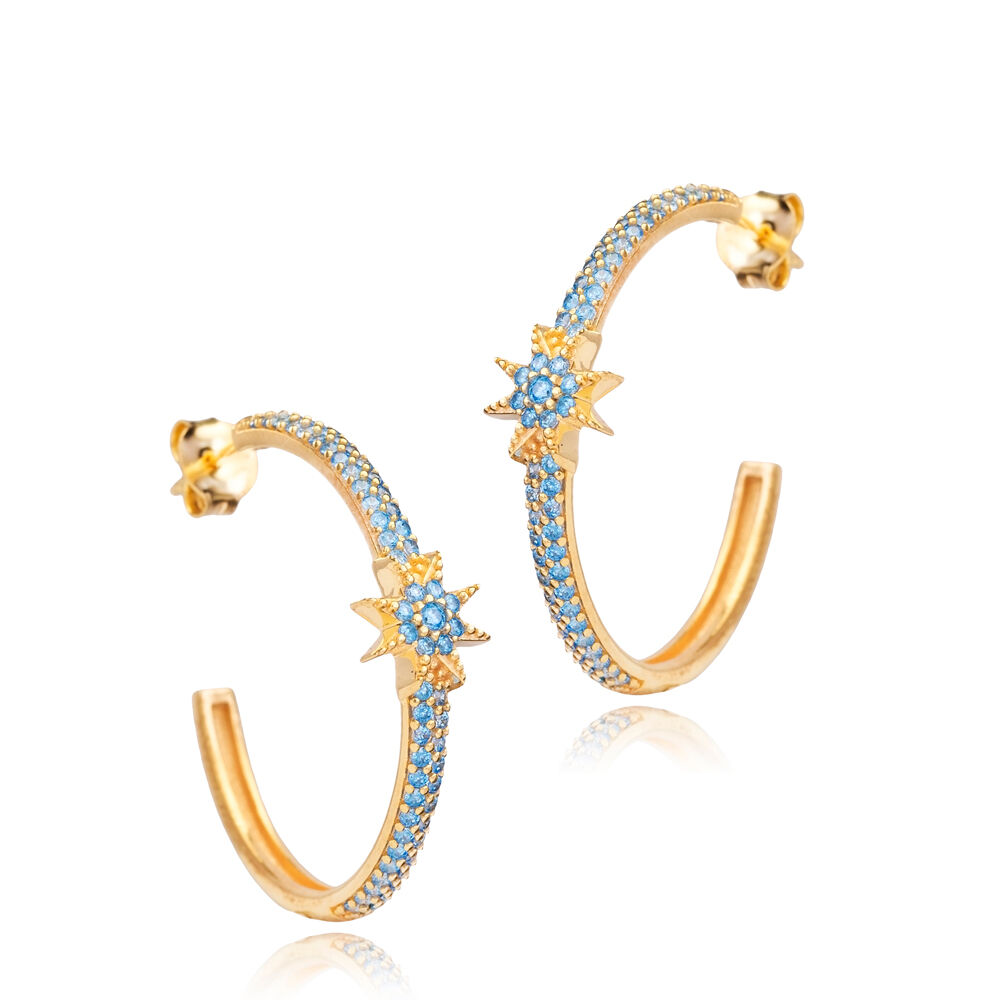 Aquamarine CZ Star Design Wholesale Silver Hoop Earrings