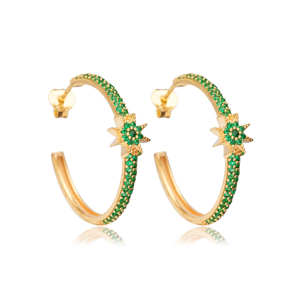 Emerald CZ Star Design Turkish Wholesale Silver Hoop Earring