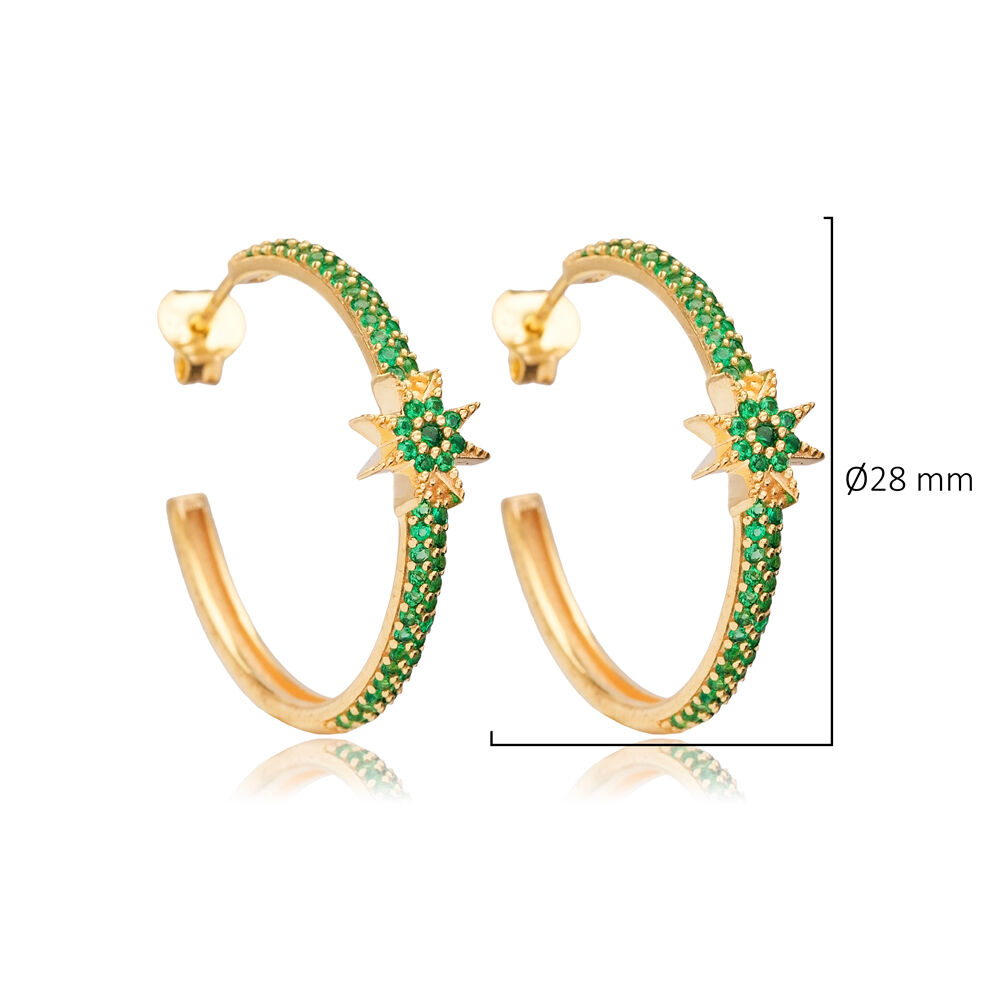 Emerald CZ Star Design Turkish Wholesale Silver Hoop Earring
