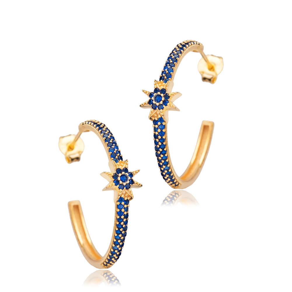 Sapphire CZ Star Design Wholesale Silver Hoop Earrings