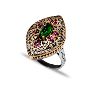 Amethyst And Emerald CZ Ottoman Authentic Silver Ring