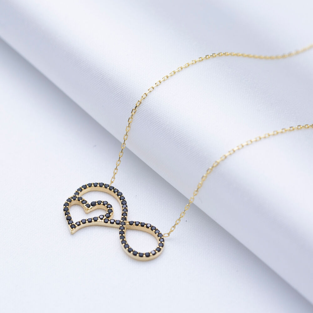 Black Cz Stone Infinity Heart Design Silver Charm Necklace