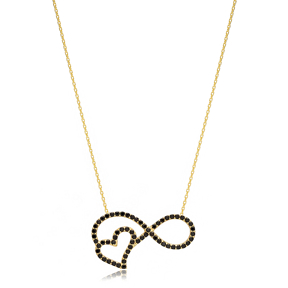 Black Cz Stone Infinity Heart Design Silver Charm Necklace
