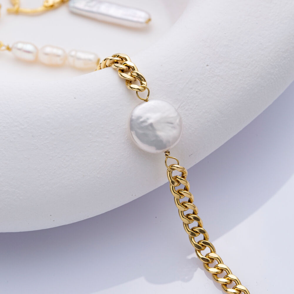 Natural Pearl Design Gourmet Chain 925 Silver Charm Bracelet