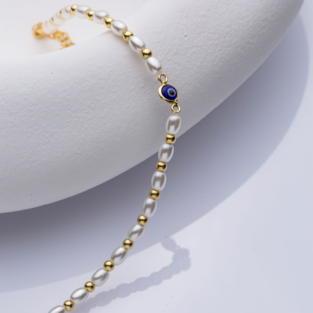 Minimalist Pearl and Evil Eye Charm Bracelet Silver Jewelry