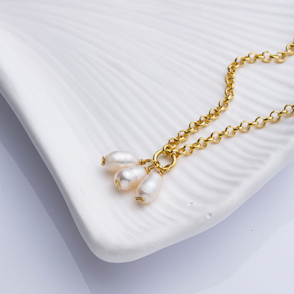 Triple Minimalist Pearl Natural Silver Rolo Chain Necklace