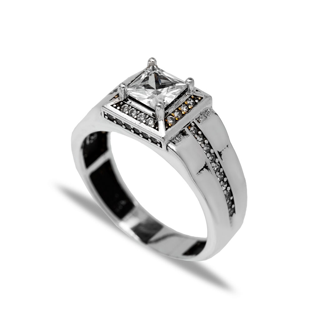 Square Cut CZ Stone Men Ring Handmade Sterling Silver Jewelry