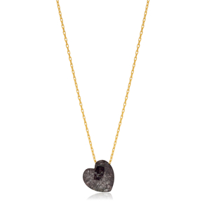Black Heart Stone Dainty Charm Necklace Silver Pendant
