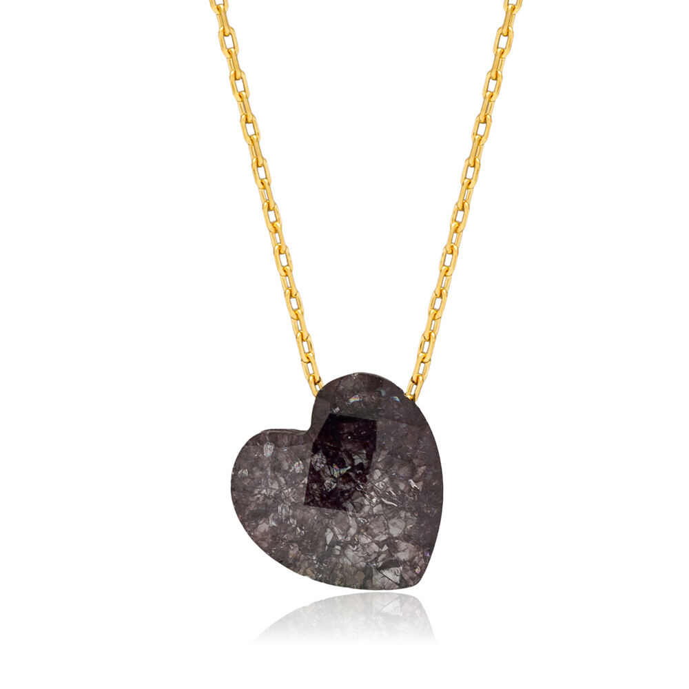 Black Heart Stone Dainty Charm Necklace Silver Pendant