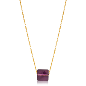 Purple Stone Square Shape Charm Pendant Silver Necklace