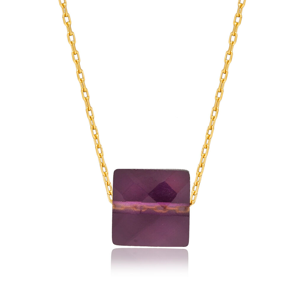 Purple Stone Square Shape Charm Pendant Silver Necklace