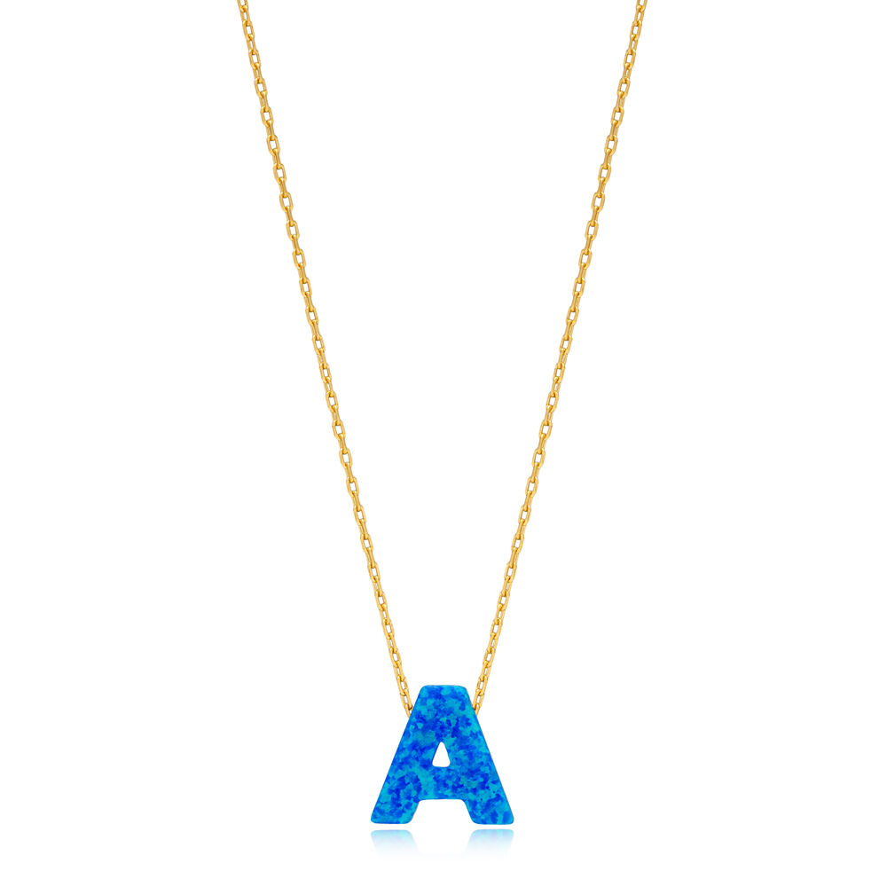 Opal Stone Initial Letter A Design Necklace Silver Jewelry