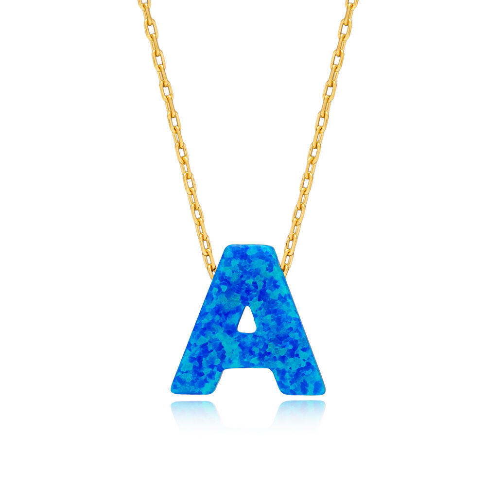 Opal Stone Initial Letter A Design Necklace Silver Jewelry