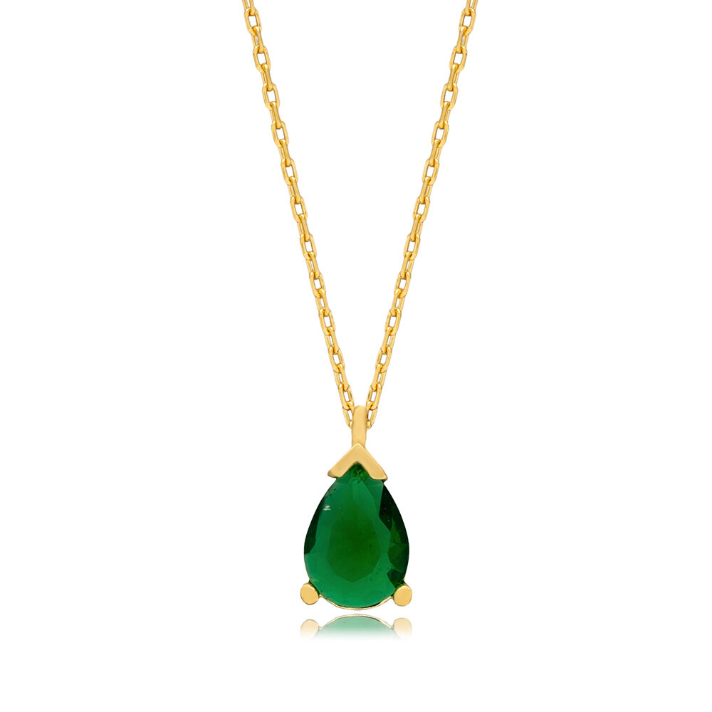 Emerald CZ Stone Drop Pear Shape Charm 925 Silver Necklace