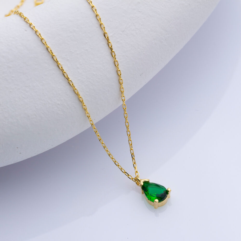 Emerald CZ Stone Drop Pear Shape Charm 925 Silver Necklace
