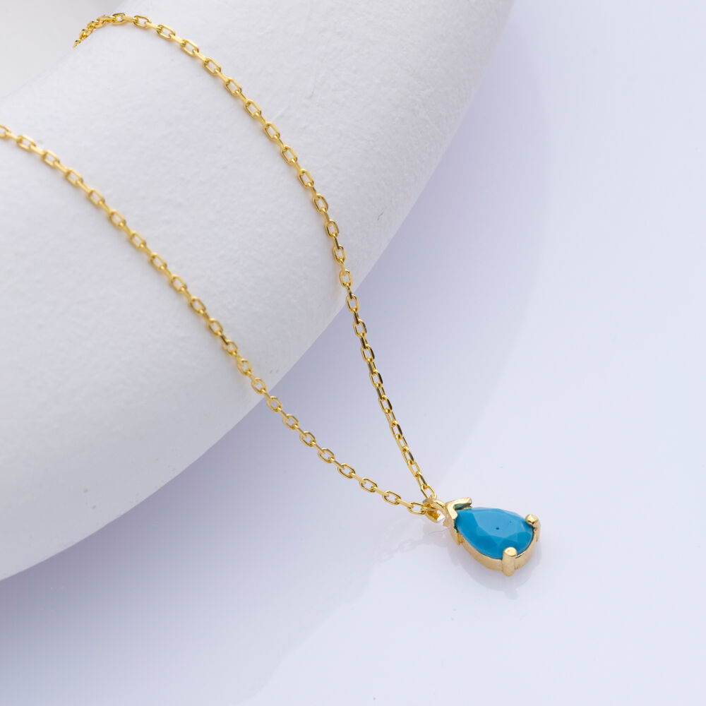 Turquoise CZ Stone Drop Pear Charm Pendant Silver Necklace