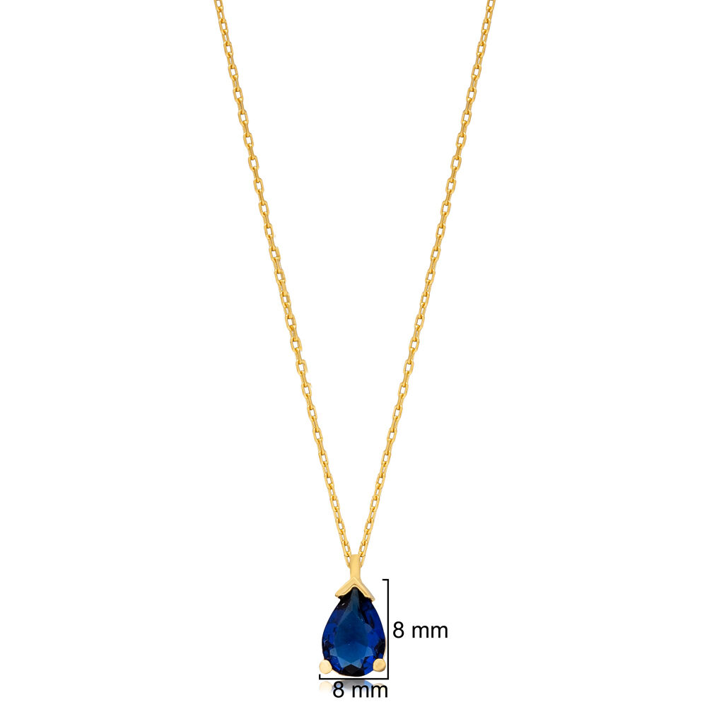 Sapphire CZ Stone Drop Pear Shape Charm 925 Silver Necklace
