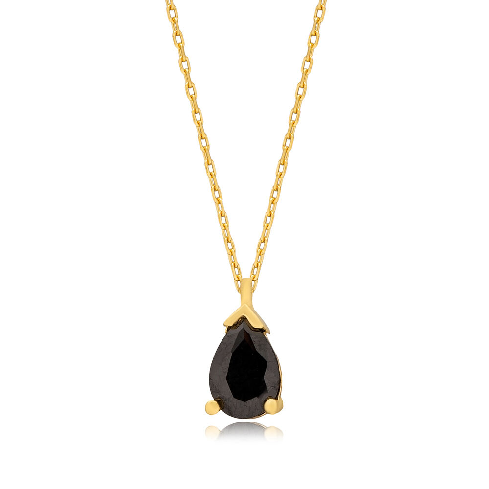 Black CZ Stone Drop Pear Shape Charm 925 Silver Necklace
