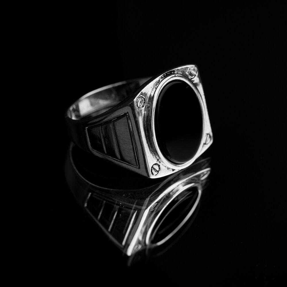 Black Stone Handcrafted Turkish Classic Silver Men Ring