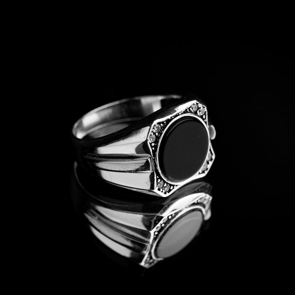 Round Black Stone Handcrafted Turkish Classic Silver Men Ring