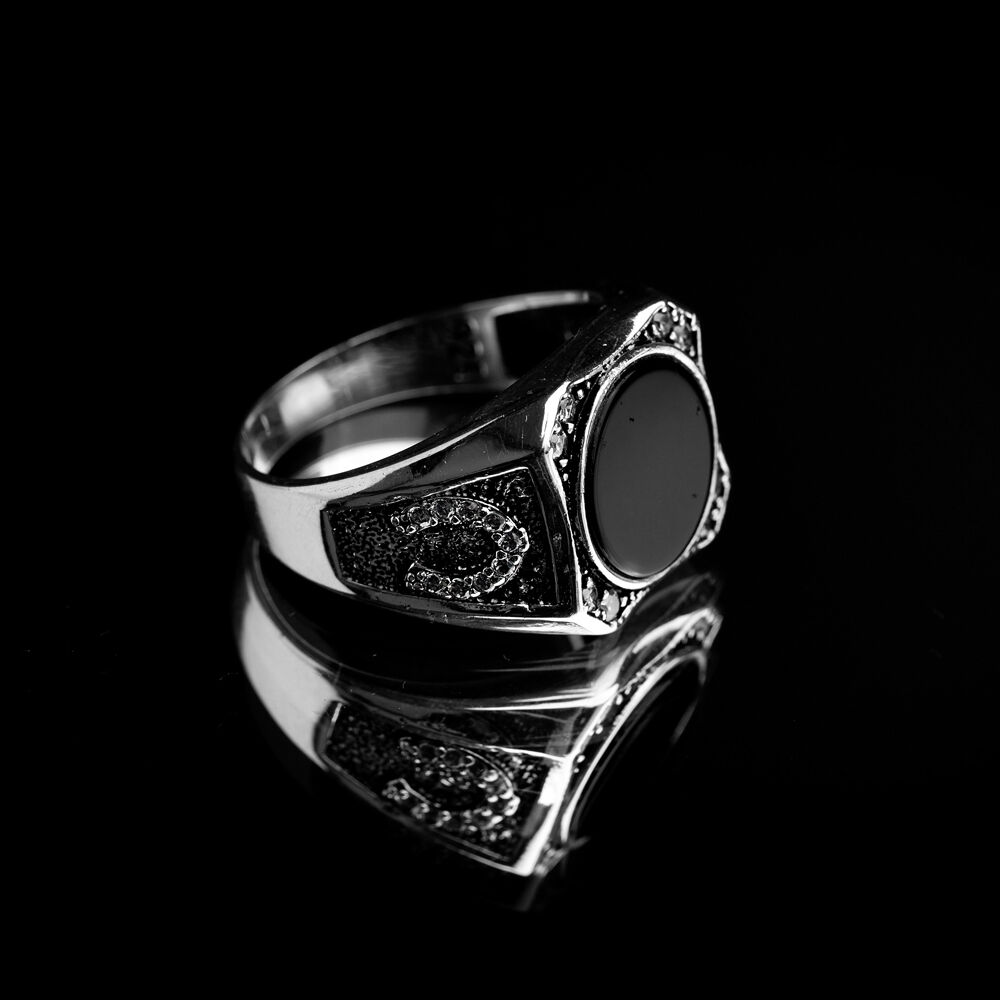 Black Stone Round Classic Sterling Silver Turkish Men Ring