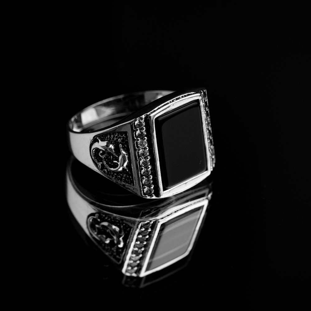 Rectangle Black Stone Classic Sterling Silver Turkish Men Ring