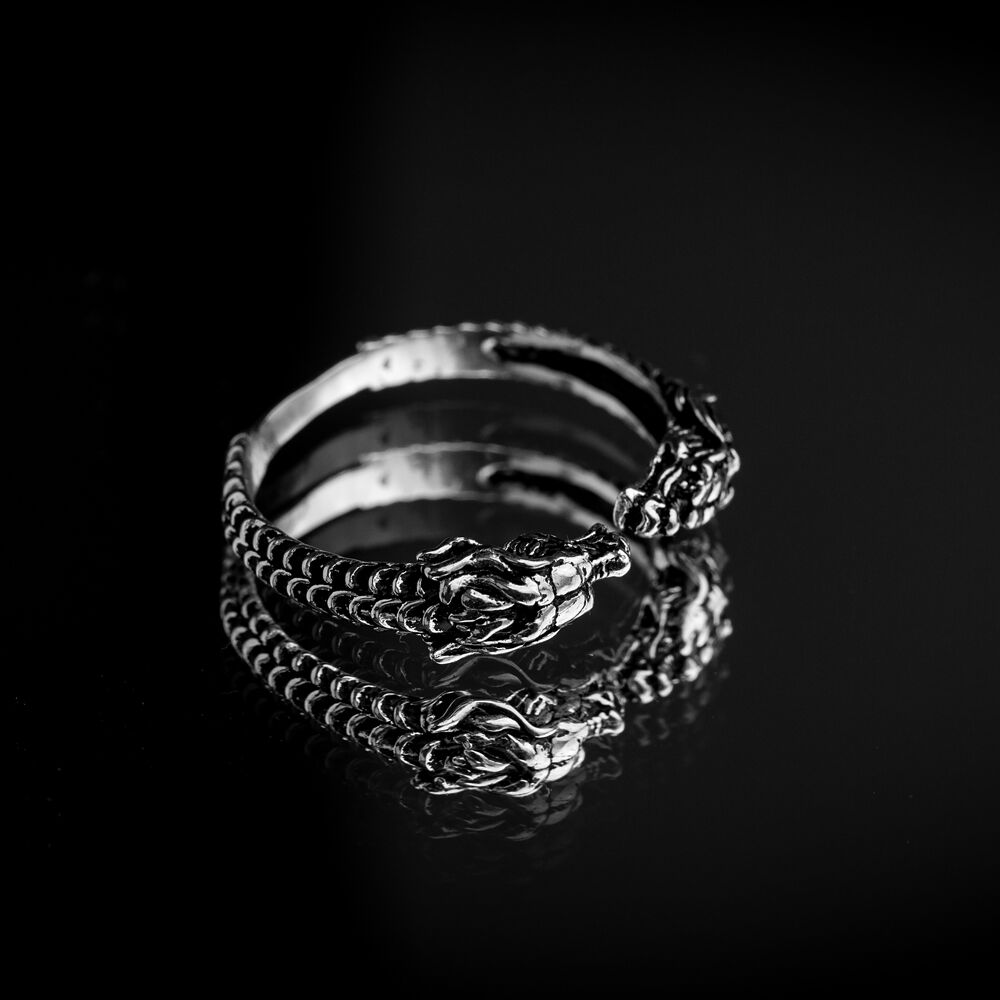Double Dragon Design Turkish Jewelry Handmade Silver Men Ring